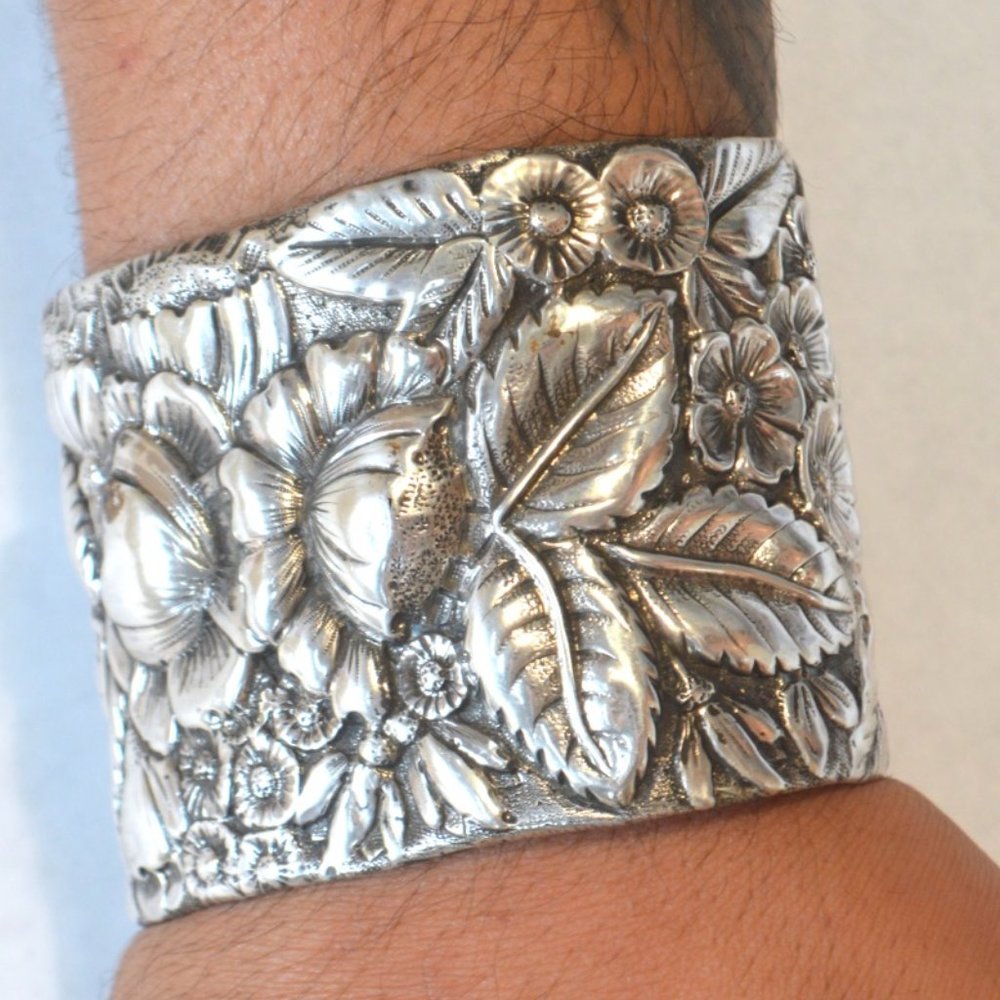 Art Nouveau Sterling 925 Floral Cuff Bracelet 2XL